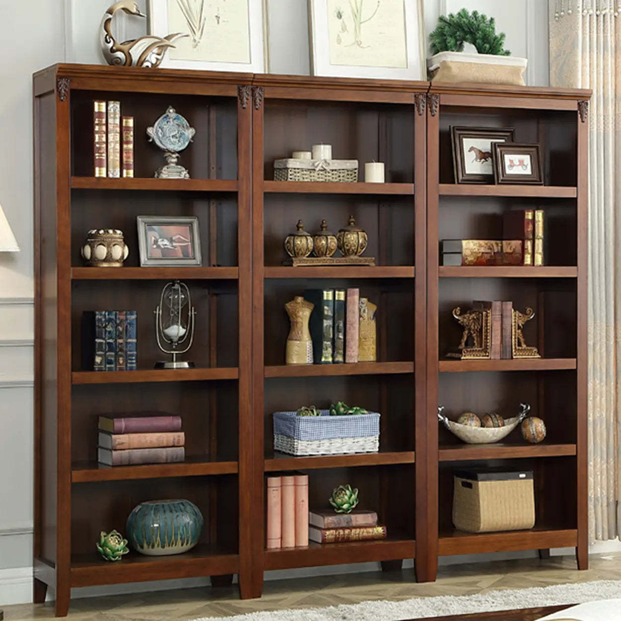 Antique Multi-Shelf Brown Wood Tall Bookcase — Dark Walnut