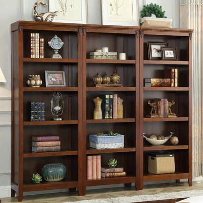 Antique Multi-Shelf Brown Wood Tall Bookcase — Dark Walnut