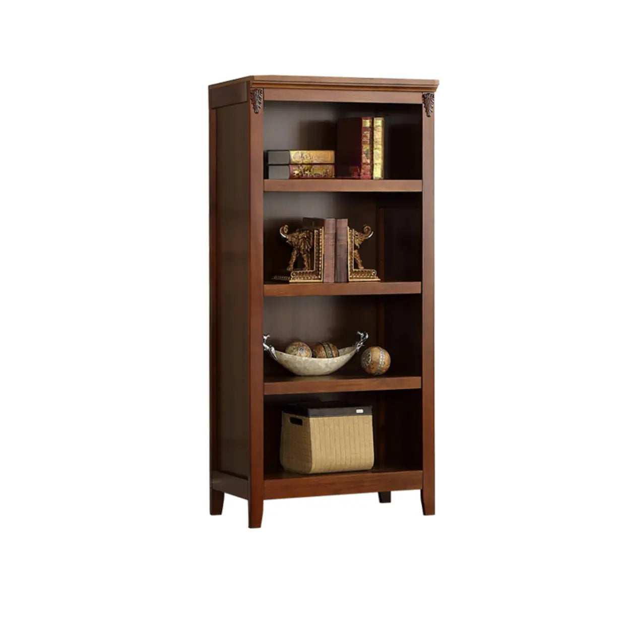 Antique Multi-Shelf Brown Wood Tall Bookcase — Light Walnut