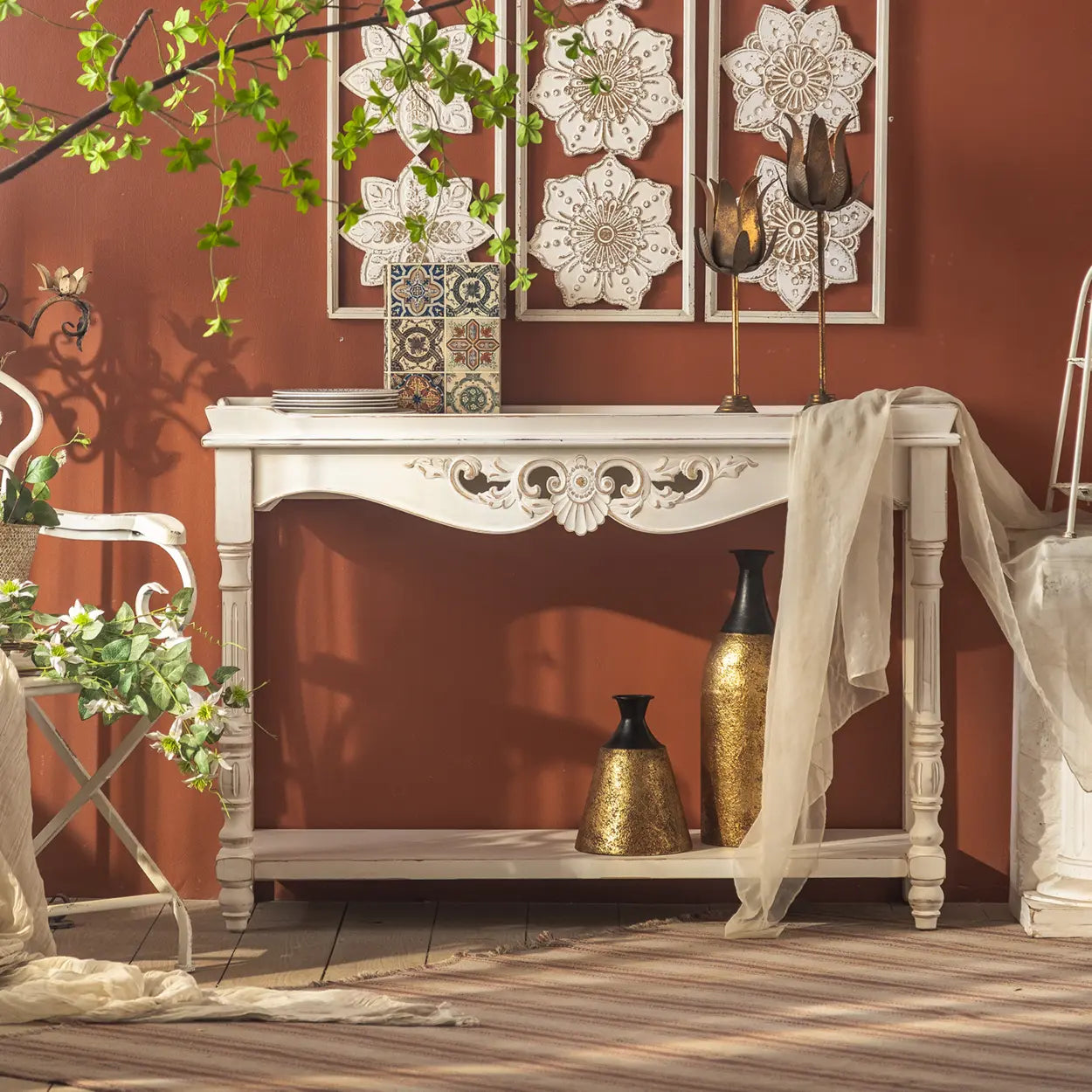 Antique Carved Wood Console Table with Shelf