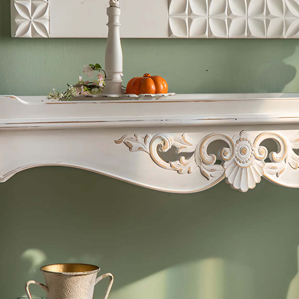 Antique Carved Wood Console Table with Shelf