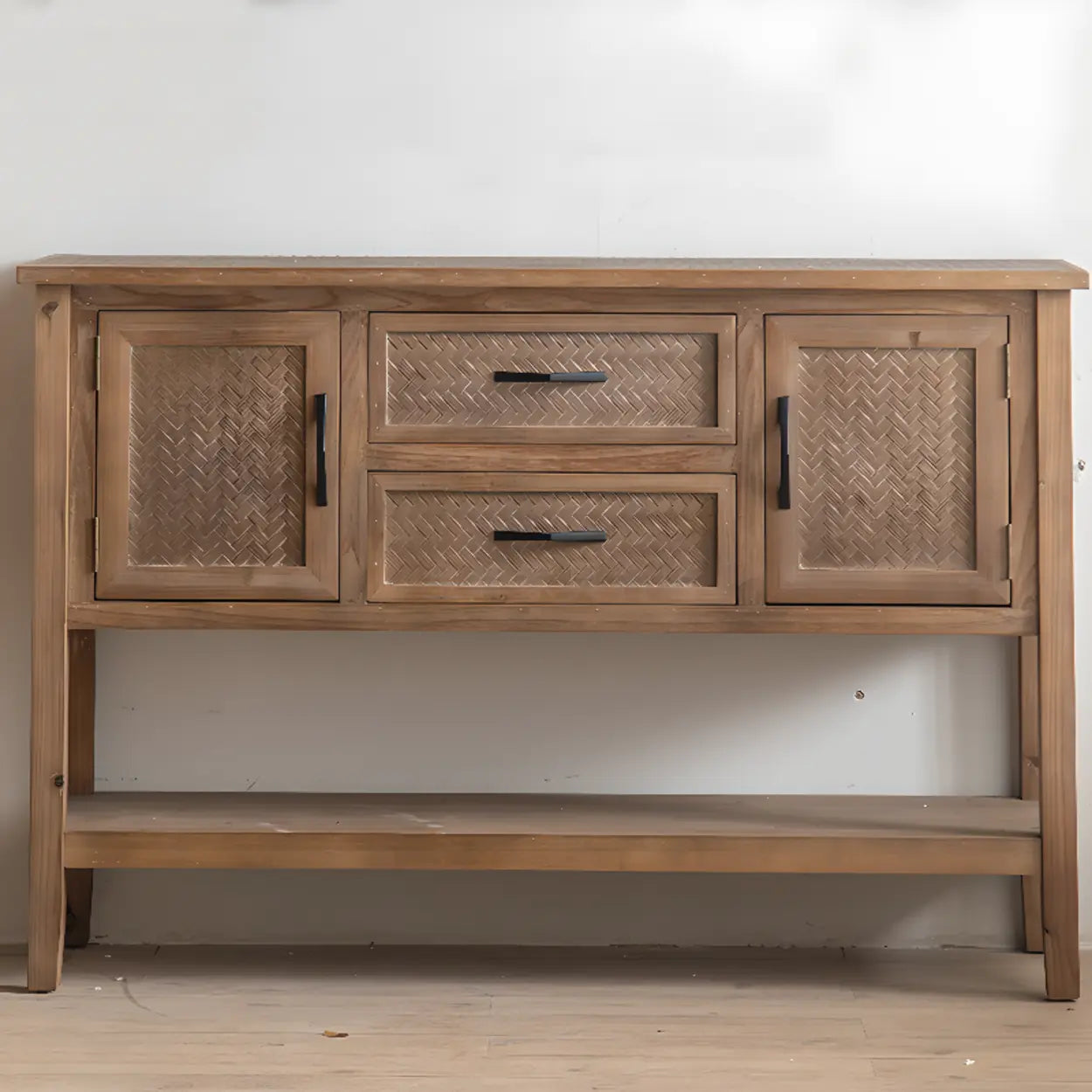 Modern carved wood end & side tables — 47" L x 14" W x 35" H