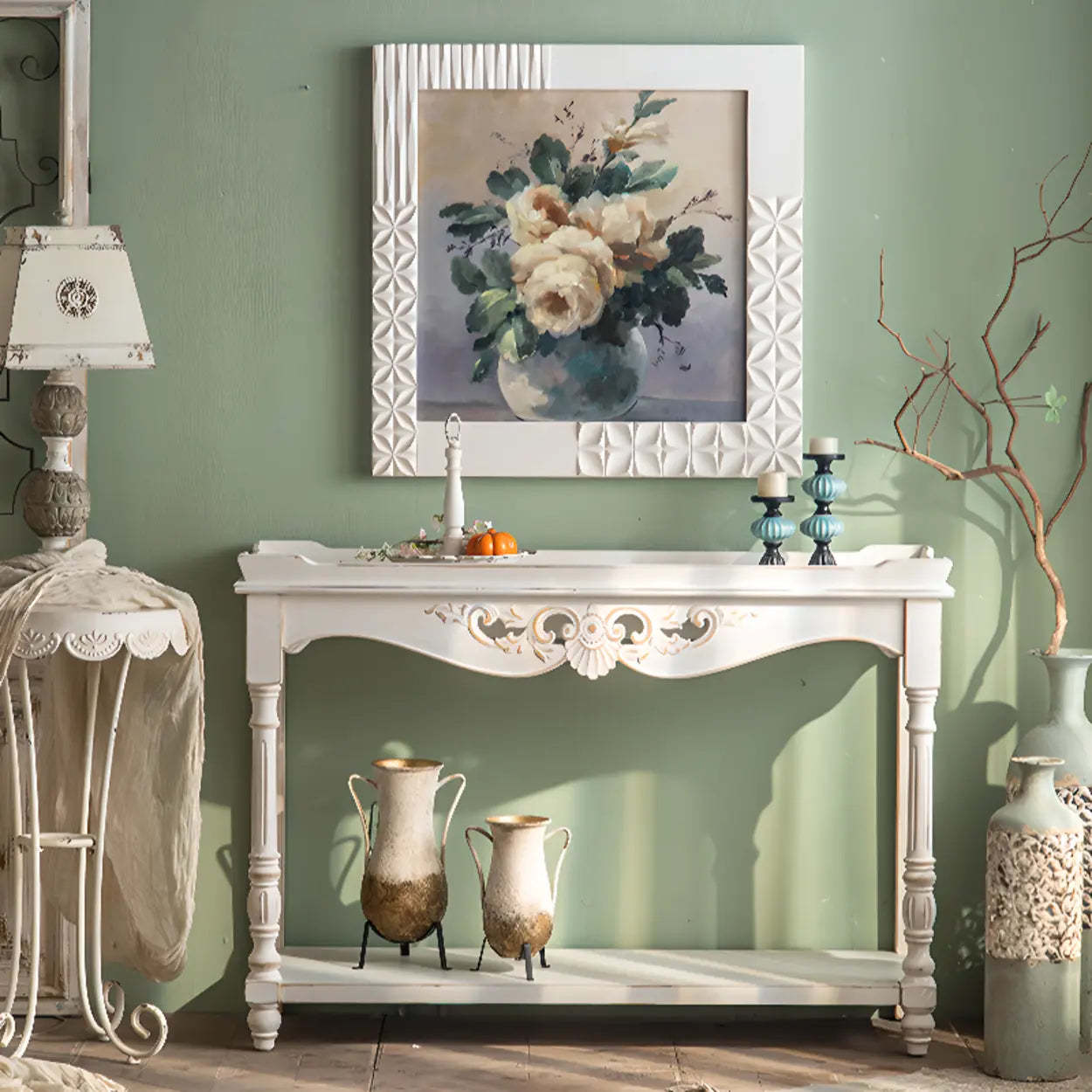Antique Carved Wood Console Table with Shelf