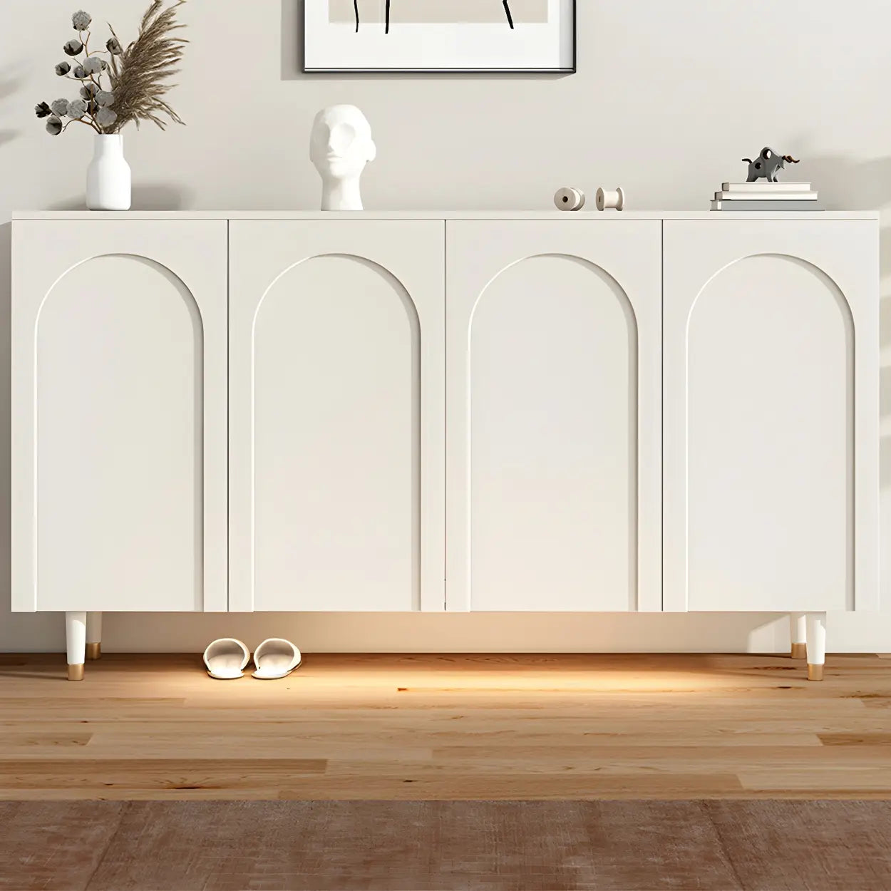 Arched-Door White Wood Adjustable Shoe Cabinet