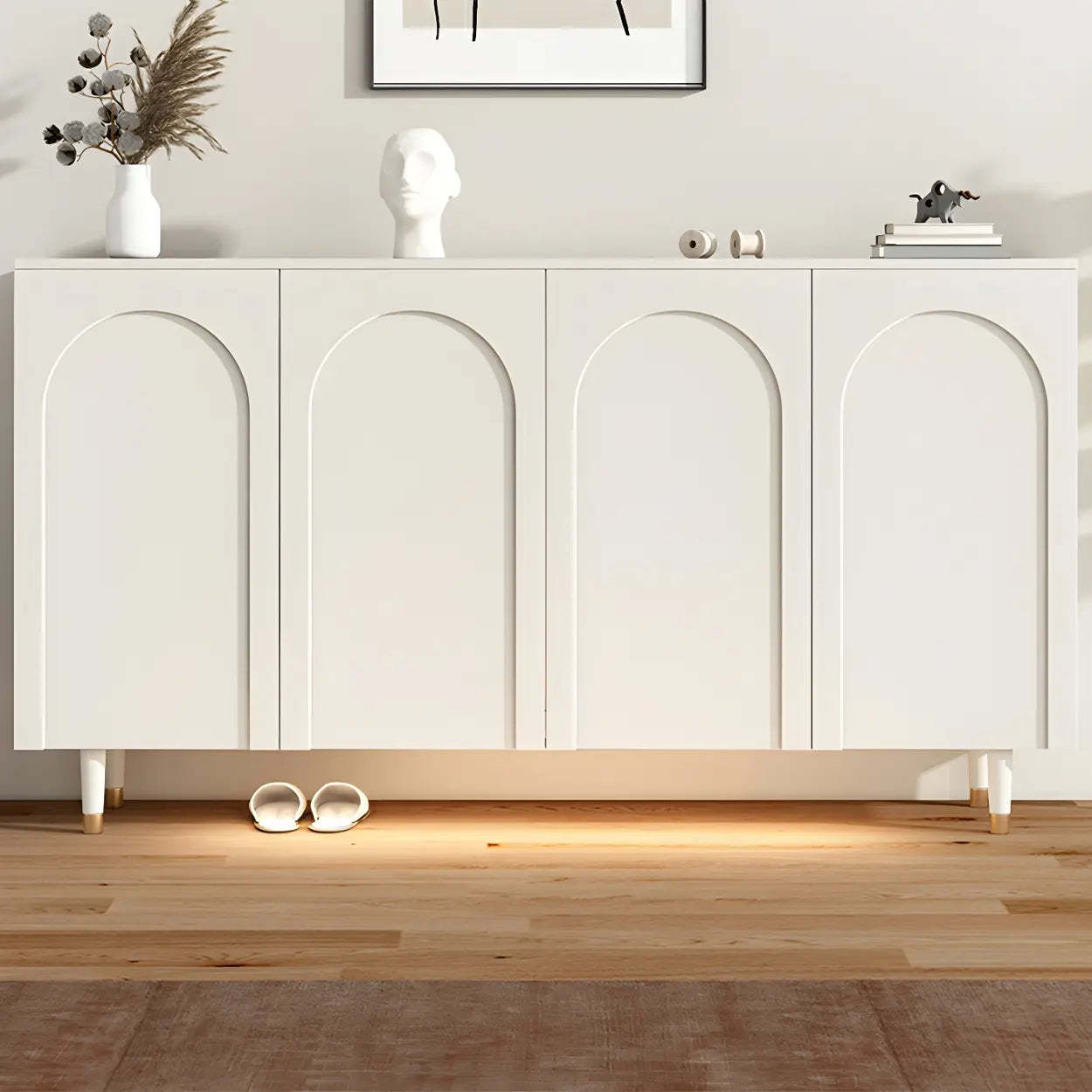 Arched-Door White Wood Adjustable Shoe Cabinet