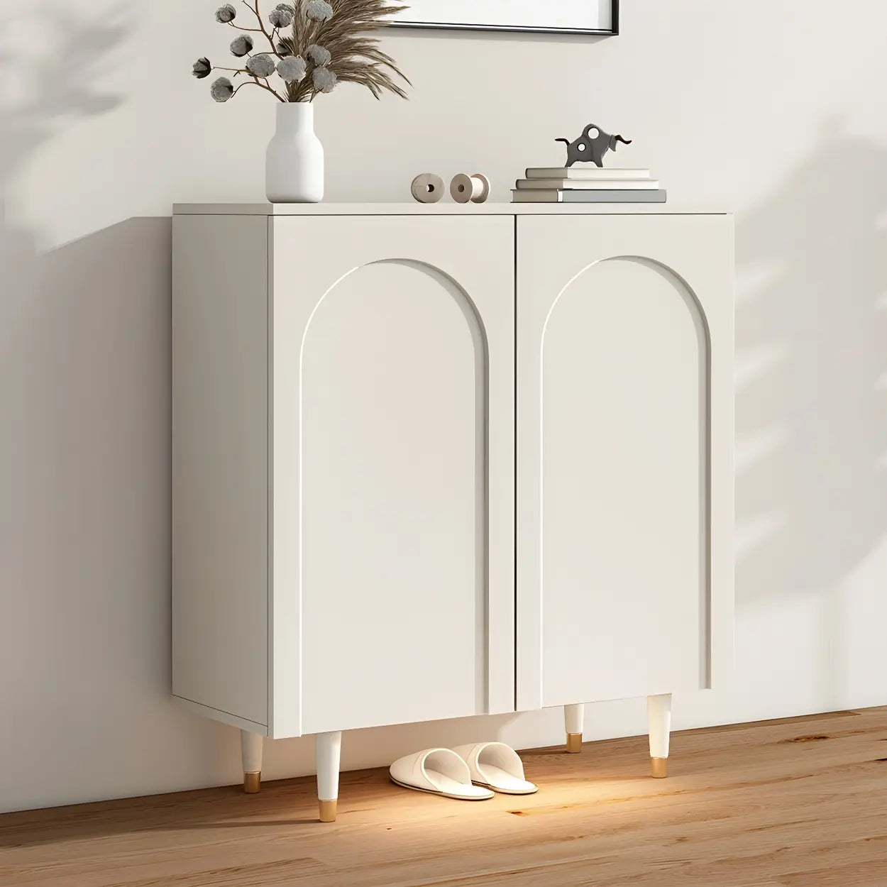 Arched-Door White Wood Adjustable Shoe Cabinet