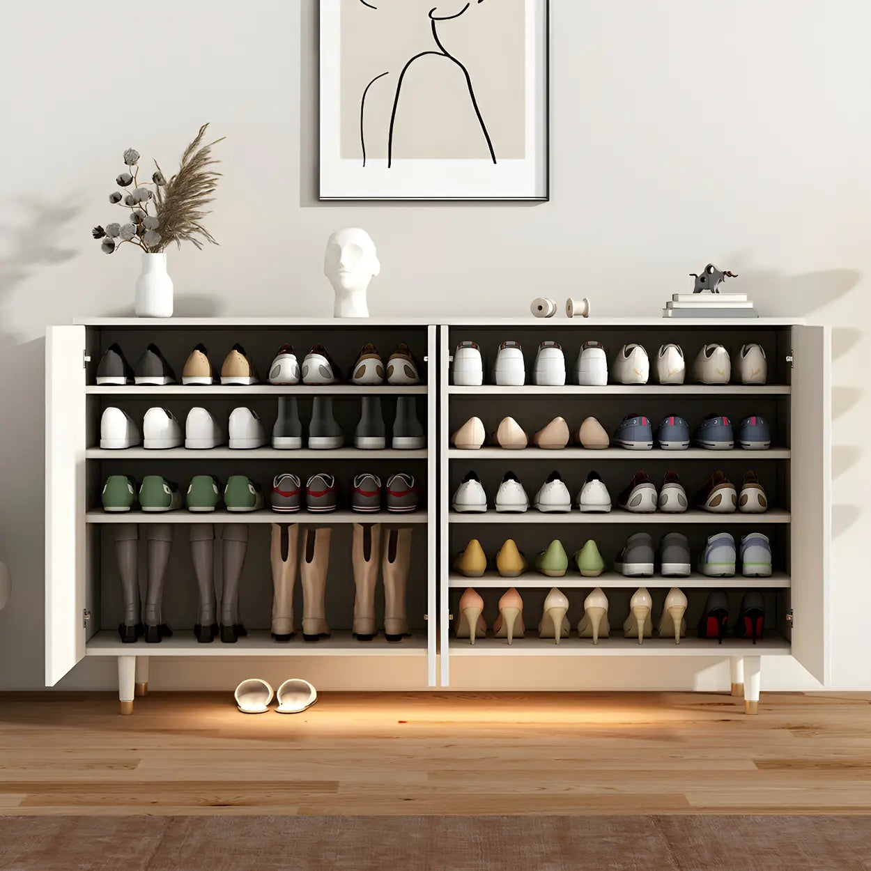 Arched-Door White Wood Adjustable Shoe Cabinet