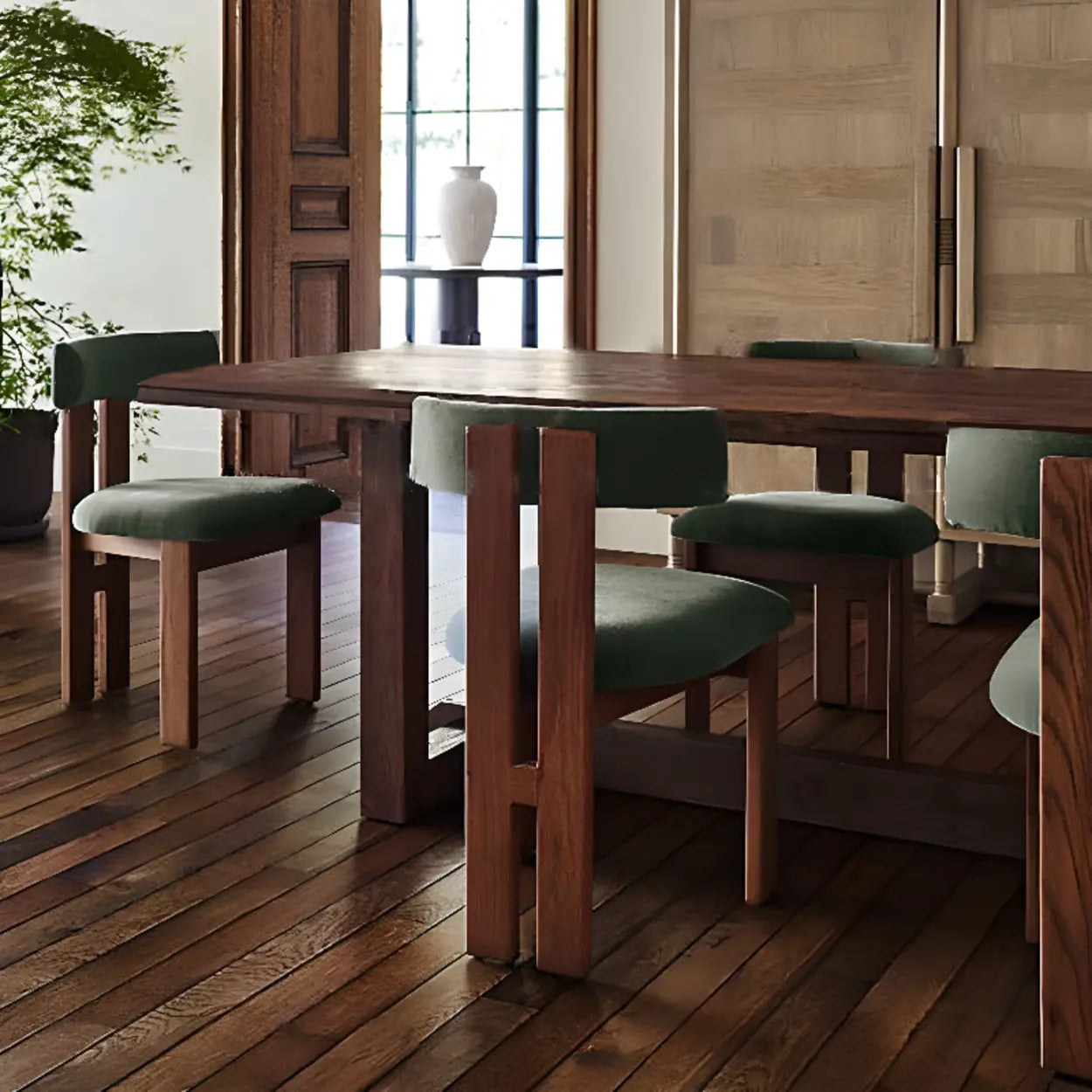Green Armless Curved-Back Wood Upholstered Dining Chair