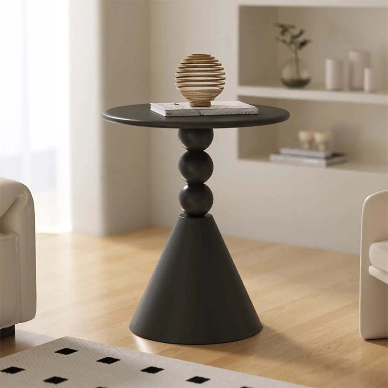 Art Deco Black Round Pedestal Chairside Table — White