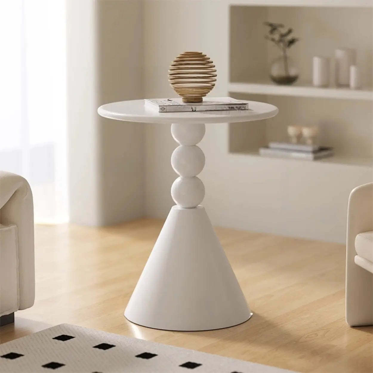 Art Deco Black Round Pedestal Chairside Table — Beige