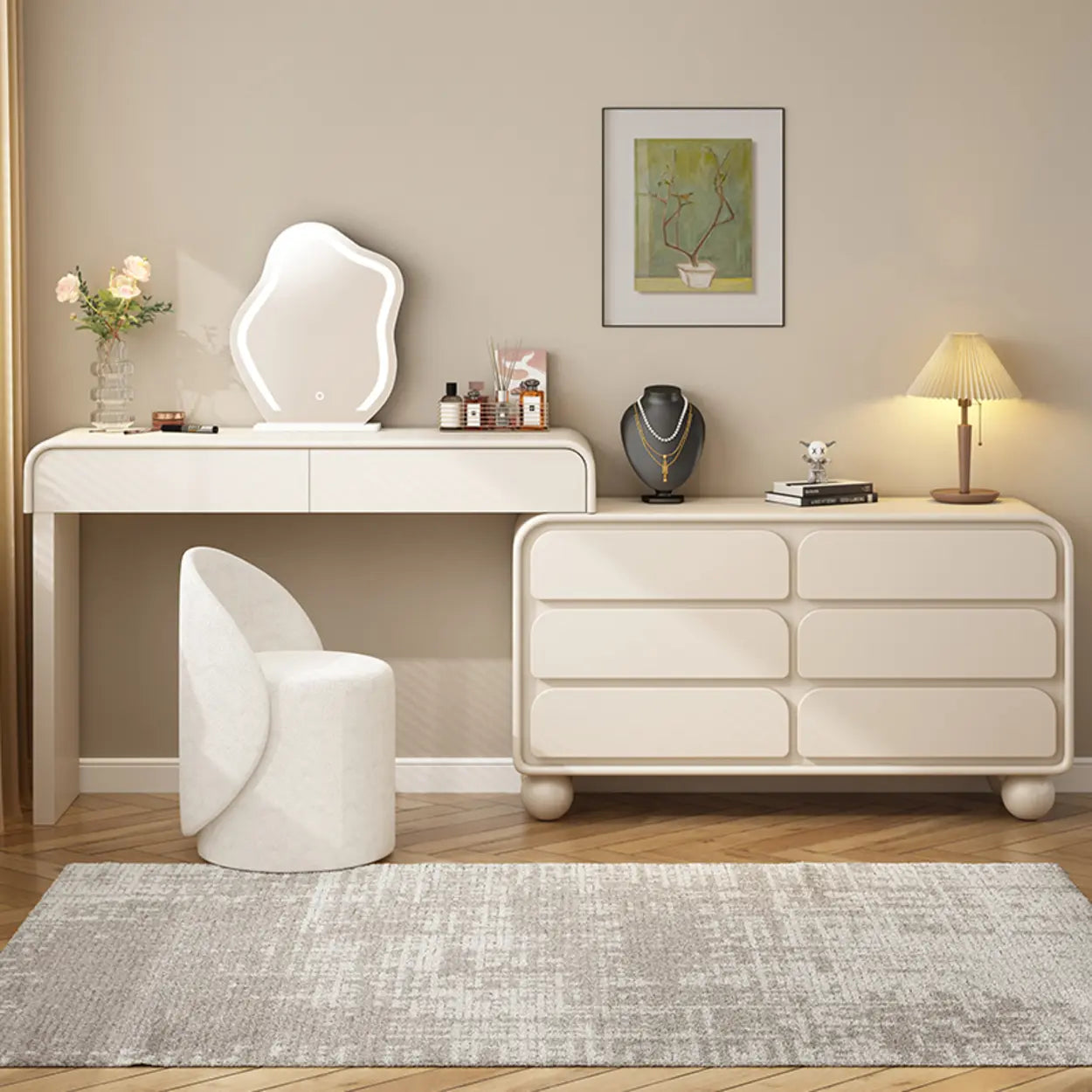 Art Deco Curved Wood Off-White LED Mirror Vanity