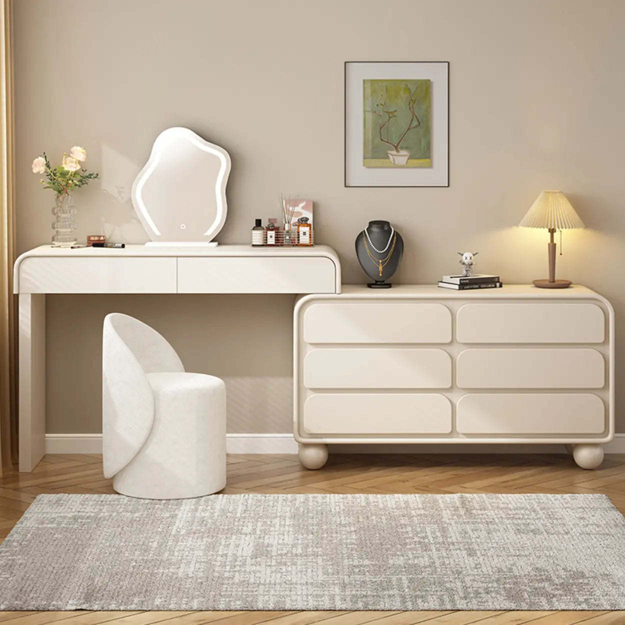 Art Deco Curved Wood Off-White LED Mirror Vanity