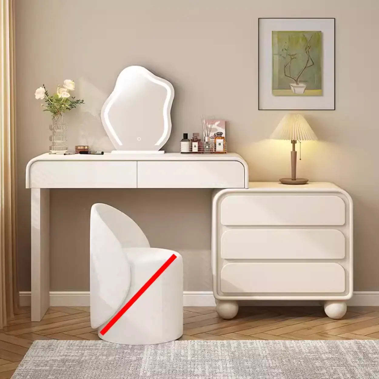 Art Deco Curved Wood Off-White LED Mirror Vanity