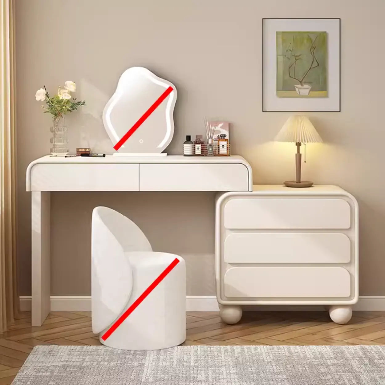 Art Deco Curved Wood Off-White LED Mirror Vanity