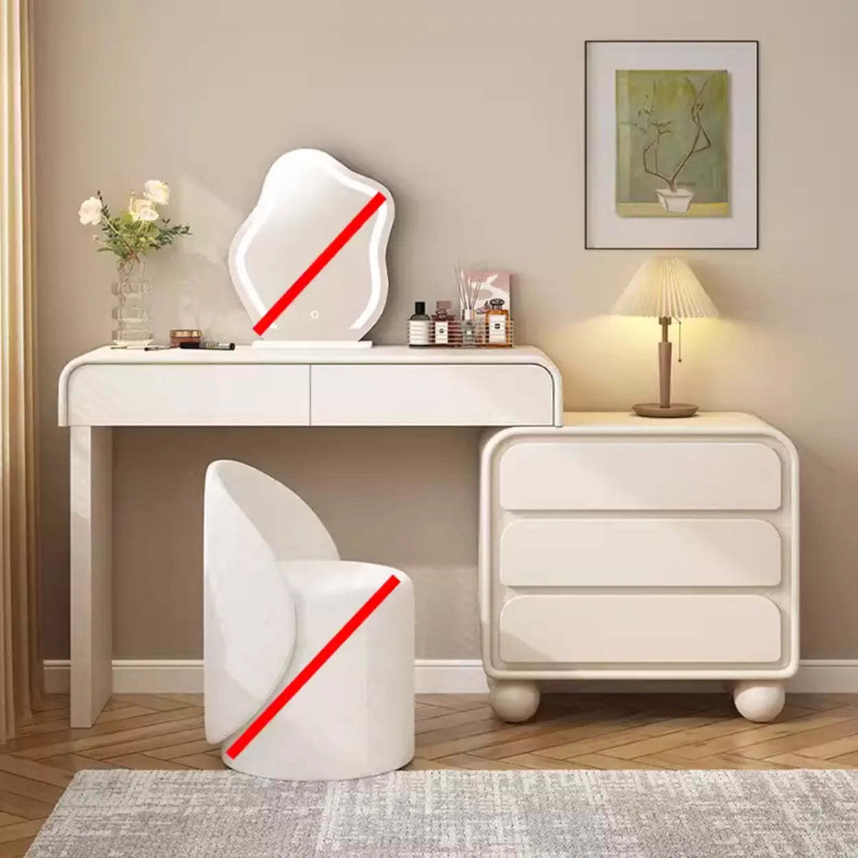 Art Deco Curved Wood Off-White LED Mirror Vanity