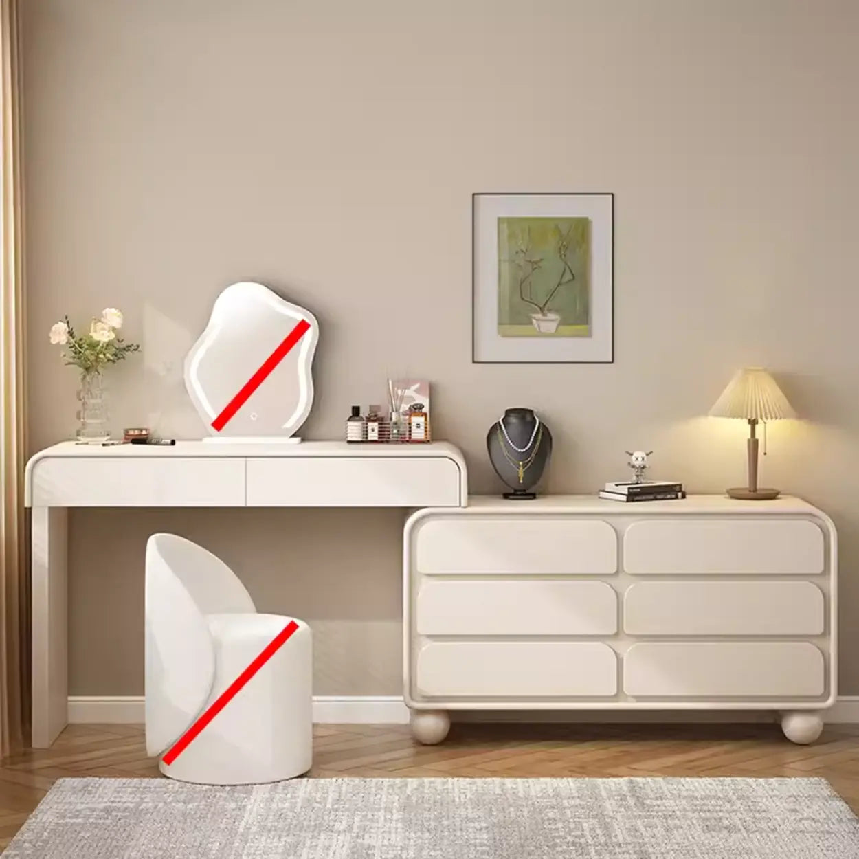 Art Deco Curved Wood Off-White LED Mirror Vanity