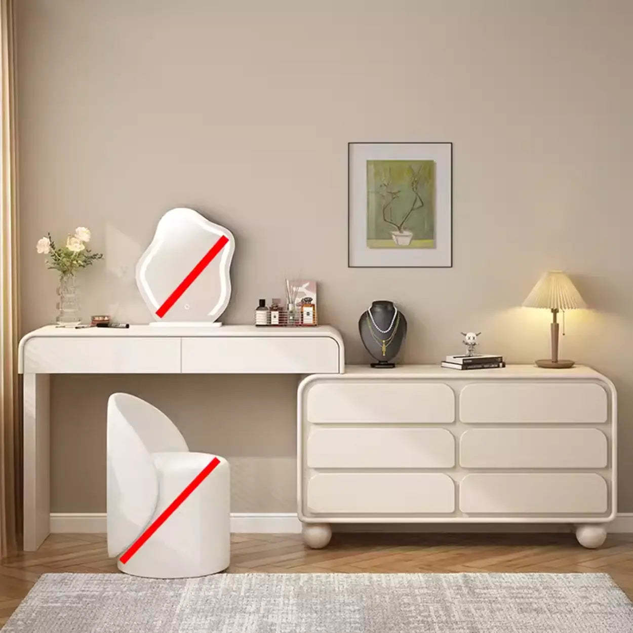 Modern deco off-white makeup vanities in wood — Makeup Vanity (31") & Dresser (47")
