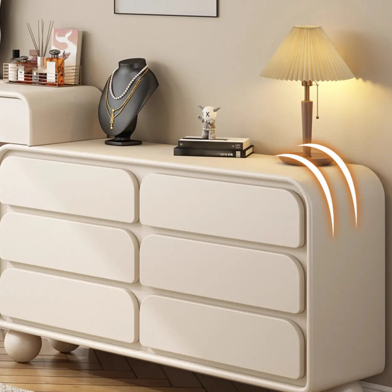 Art Deco Curved Wood Off-White LED Mirror Vanity