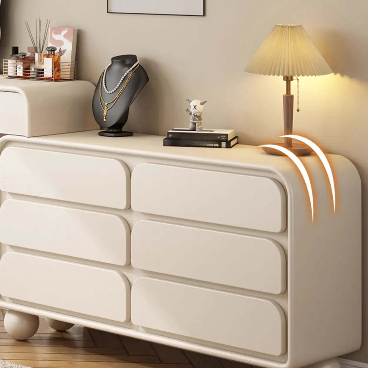 Art Deco Curved Wood Off-White LED Mirror Vanity