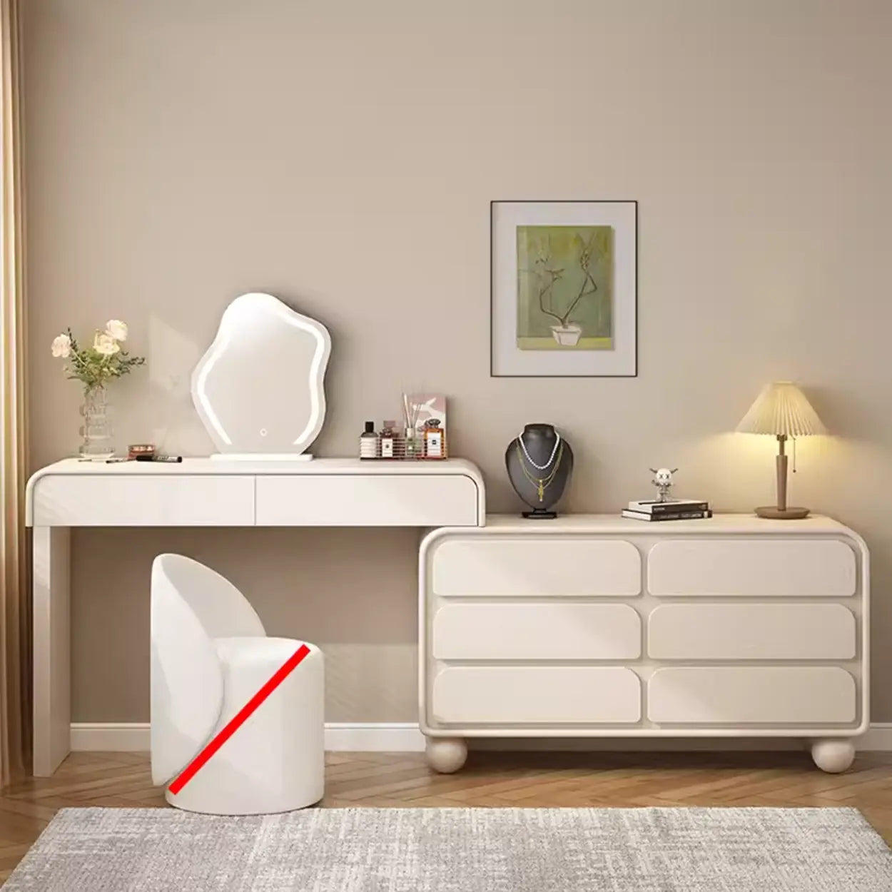 Art Deco Curved Wood Off-White LED Mirror Vanity