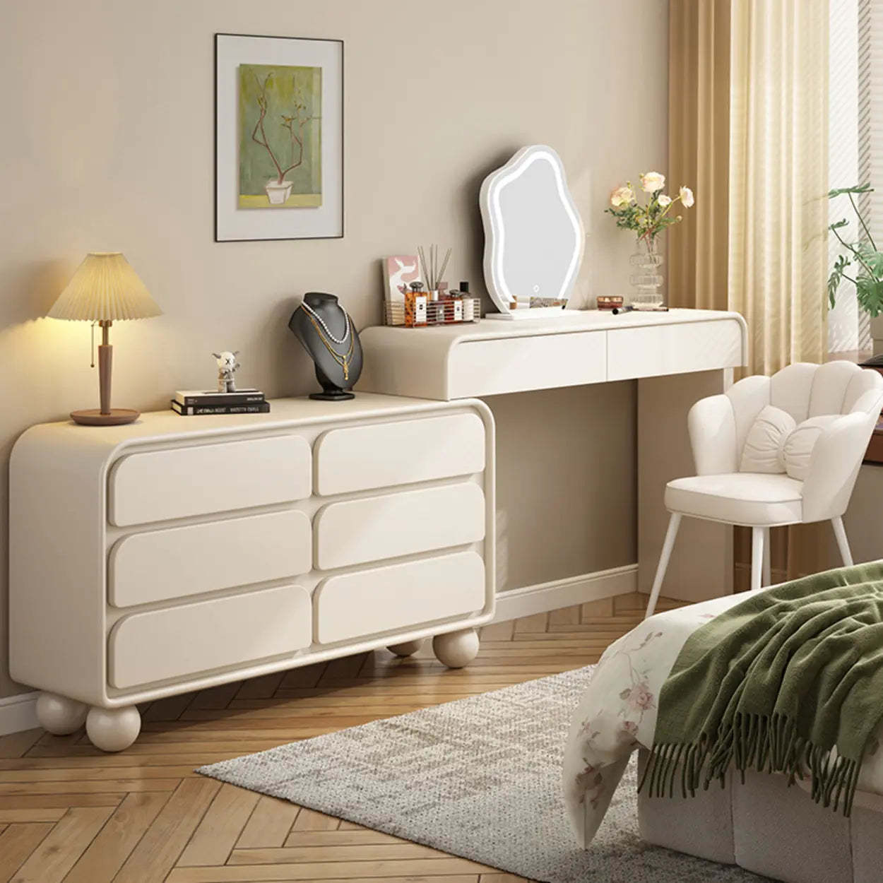Art Deco Curved Wood Off-White LED Mirror Vanity