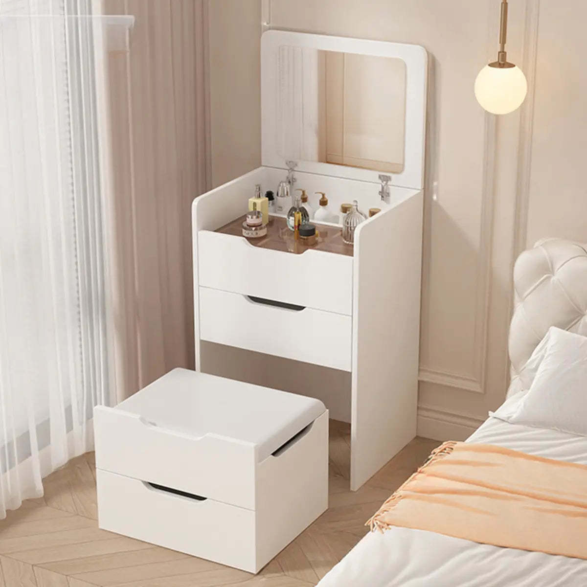 Modern deco seat white makeup vanities in wood — 18" L x 16" W x 31.5" H