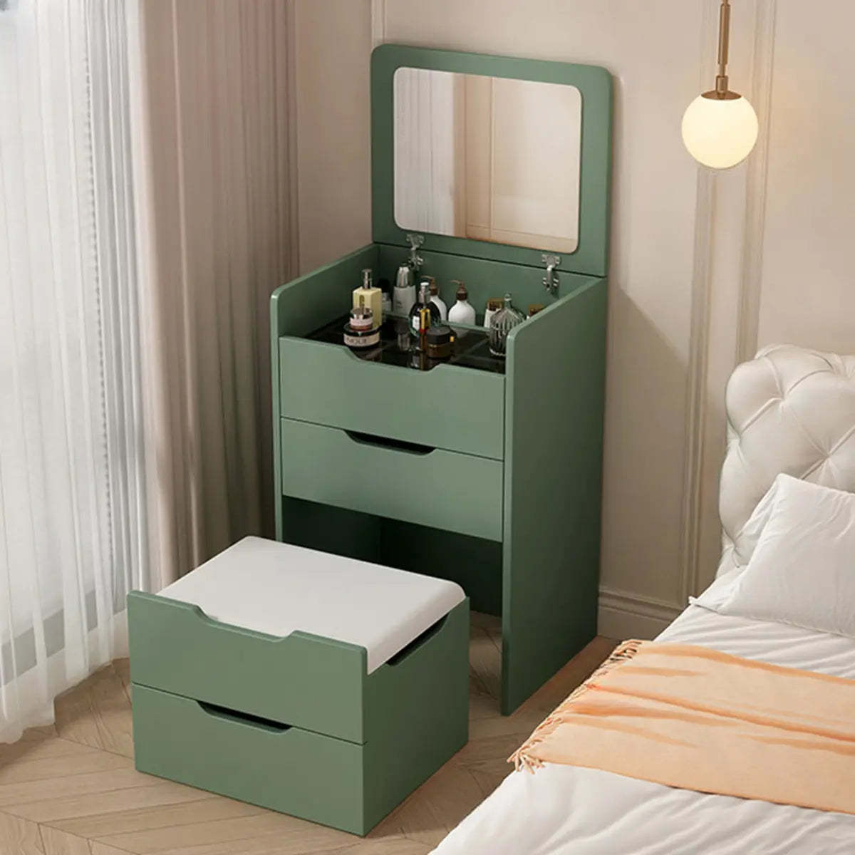 Art Deco White Wood Vanity with Seat — Natural / Makeup Vanity & Stool
