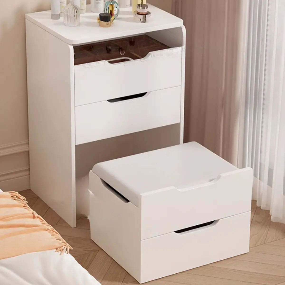 Art Deco White Wood Vanity with Seat — Grey / Makeup Vanity & Stool
