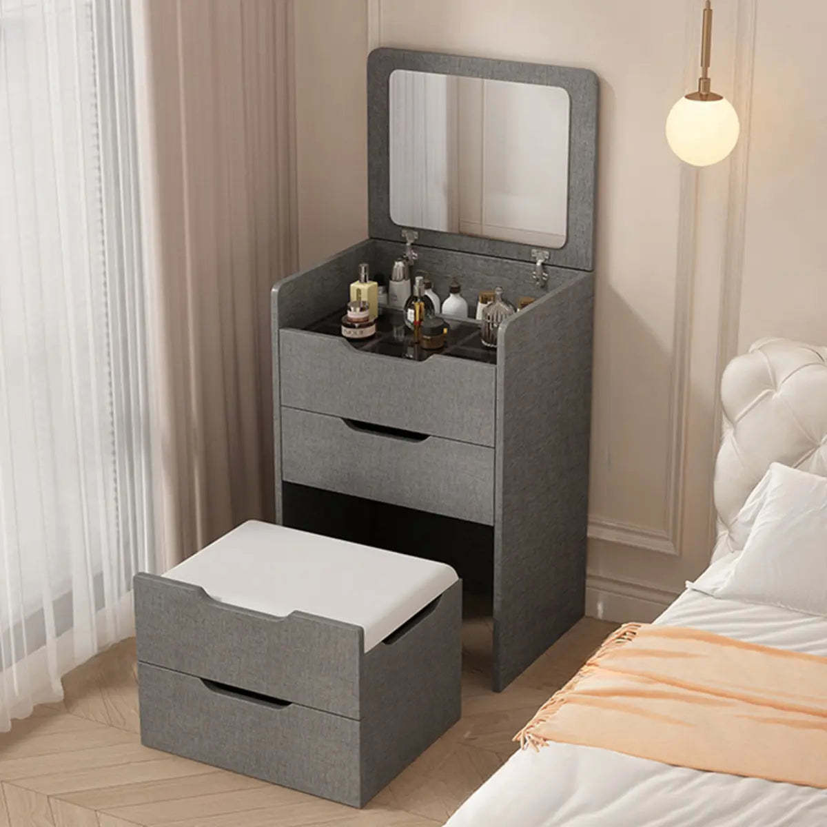 Art Deco White Wood Vanity with Seat — Natural / Makeup Vanity & Stool