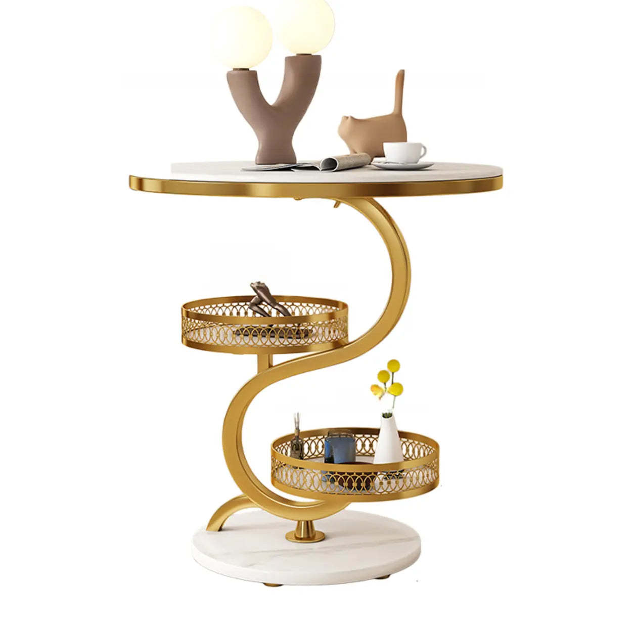 Art Deco White Sintered Stone Round Side Table — Gold