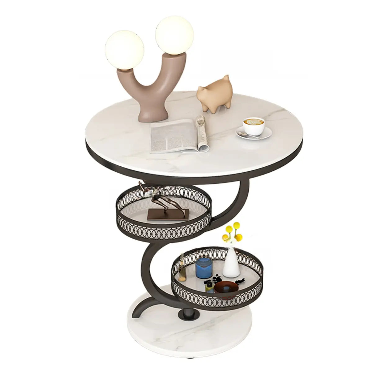 Art Deco White Sintered Stone Round Side Table — White