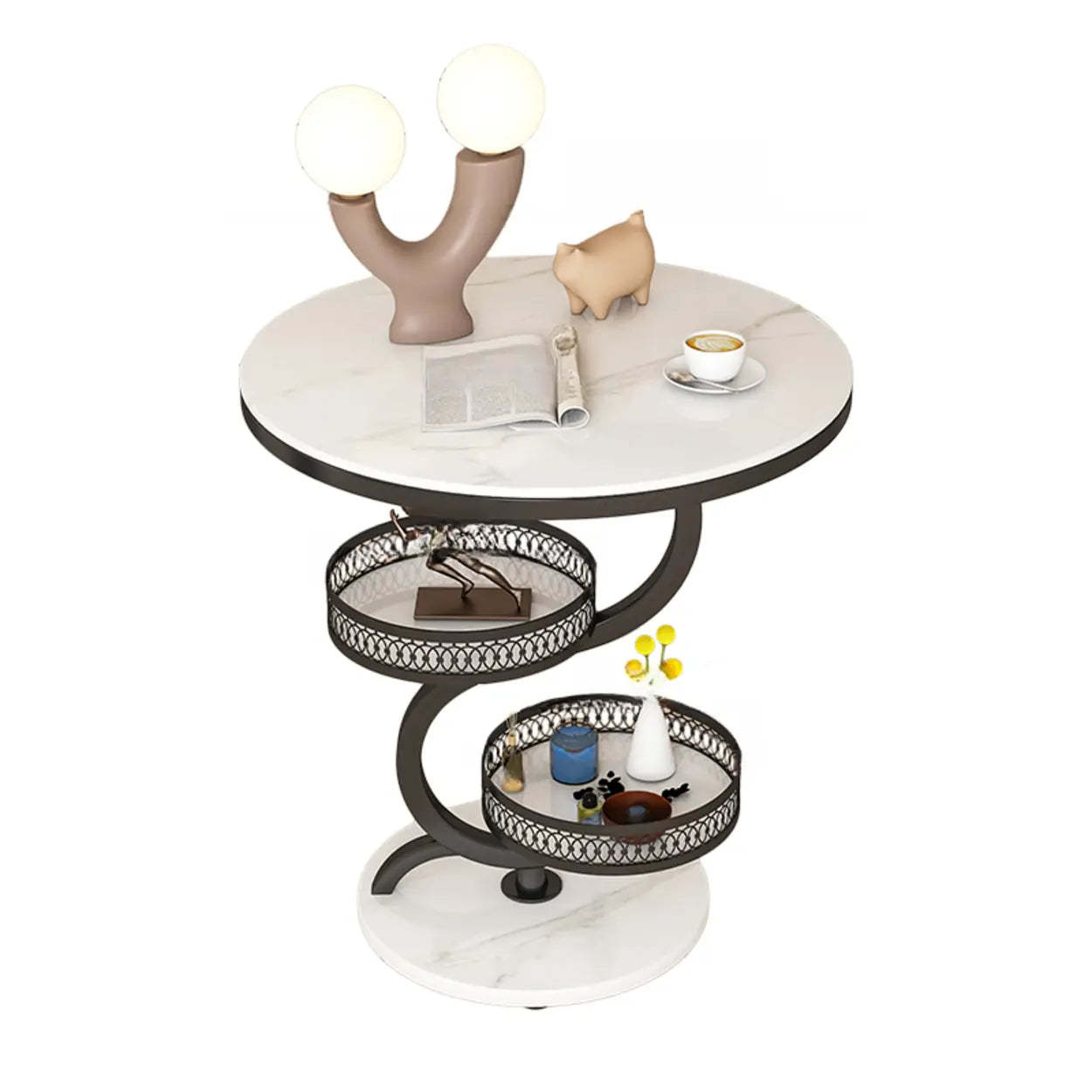 Art Deco White Sintered Stone Round Side Table — White