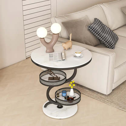 Art Deco White Sintered Stone Round Side Table — White