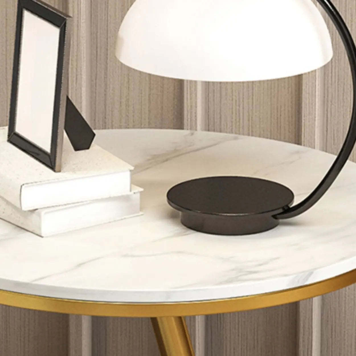 Art Deco White Sintered Stone Round Side Table — Gold
