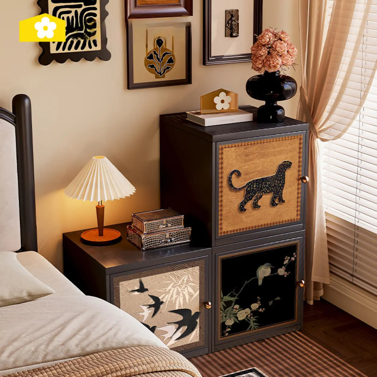 Artistic Animal Print Black Nightstand with Cabinet