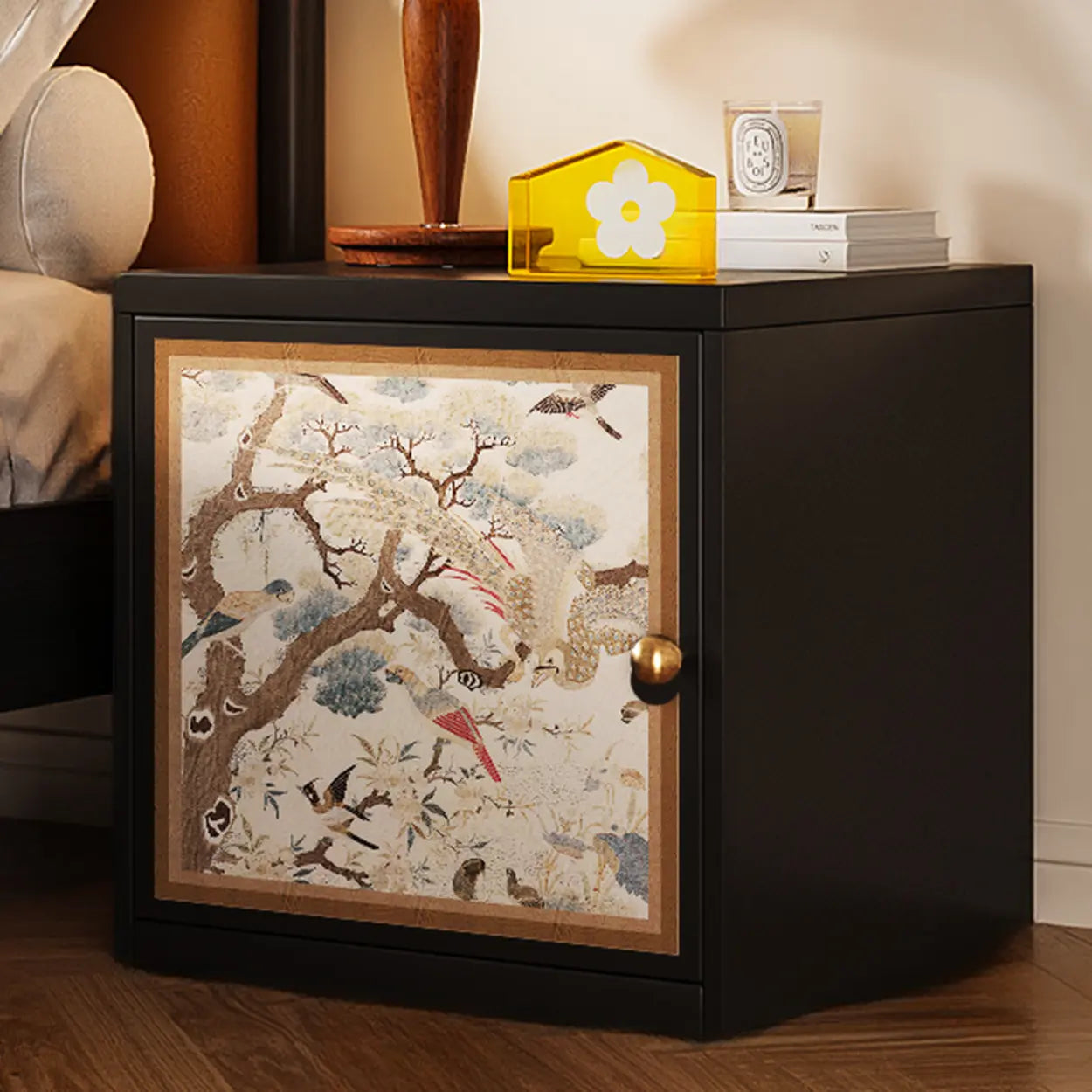 Artistic Animal Print Black Nightstand with Cabinet — Black and White