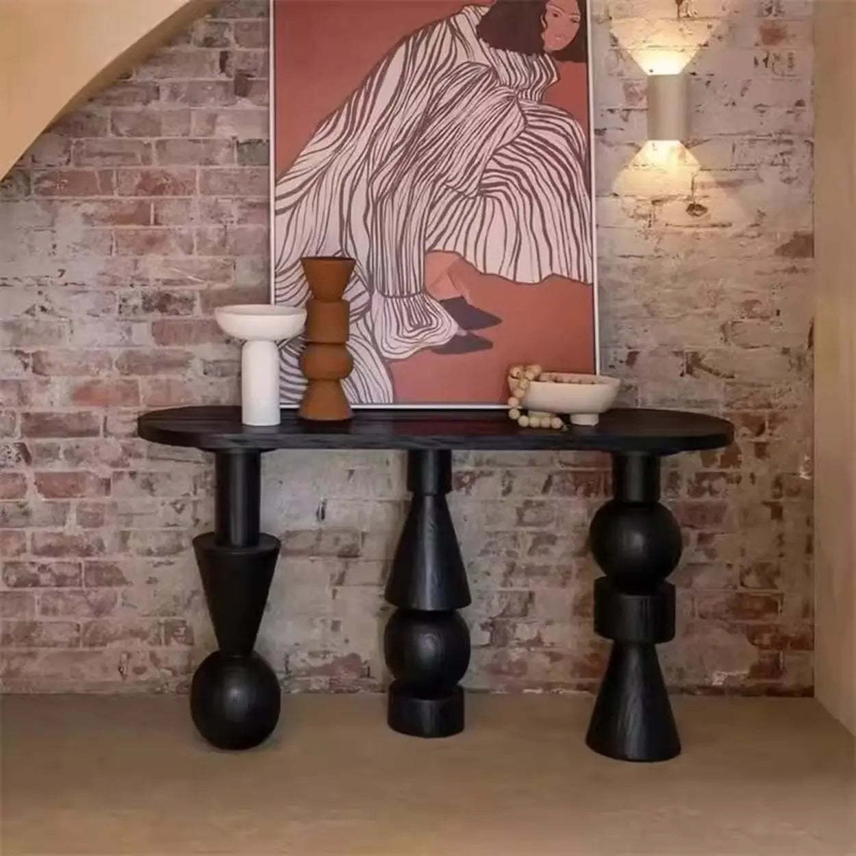 Artistic Geometric-Leg Black Wood Oval Console Table