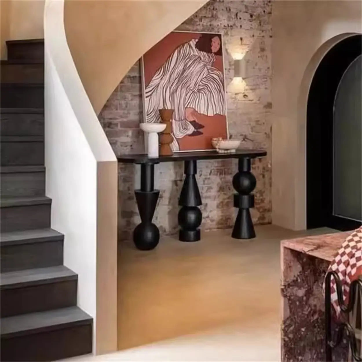 Artistic Geometric-Leg Black Wood Oval Console Table