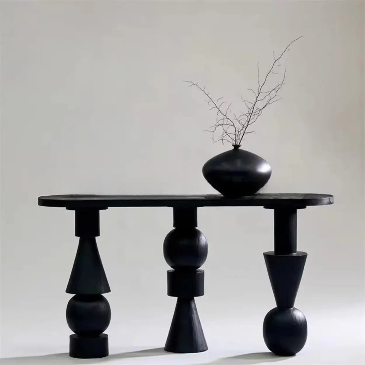 Artistic Geometric-Leg Black Wood Oval Console Table