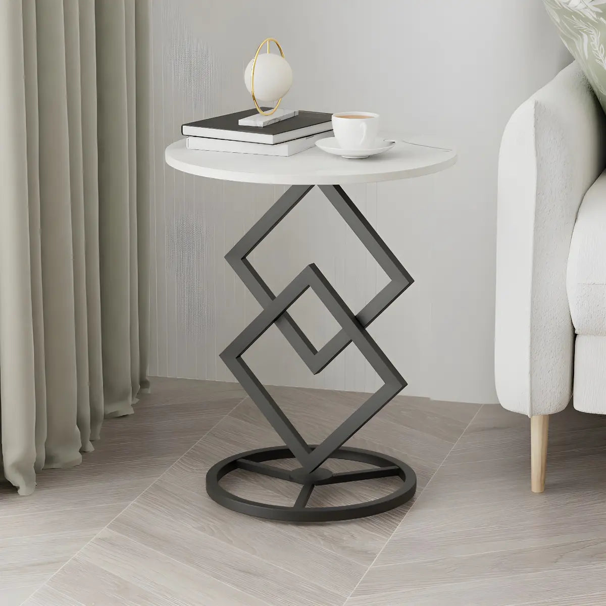 Geometric Marble Black Steel Pedestal Side Table — Black/ Gray / 1