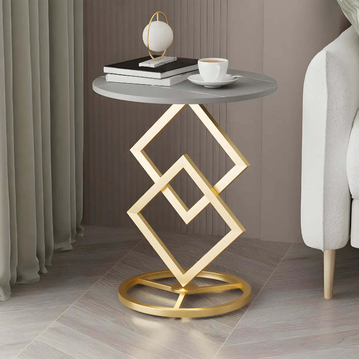 Geometric Marble Black Steel Pedestal Side Table — Gold-White / 2