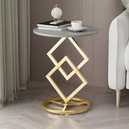 Geometric Marble Black Steel Pedestal Side Table — Gold-White / 2