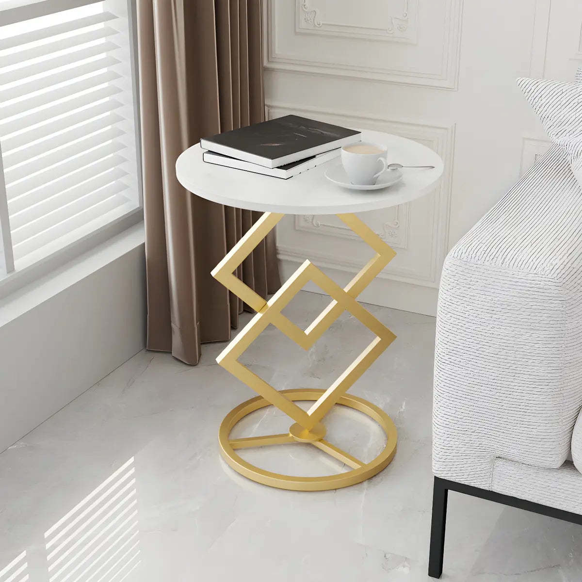 Geometric Marble Black Steel Pedestal Side Table