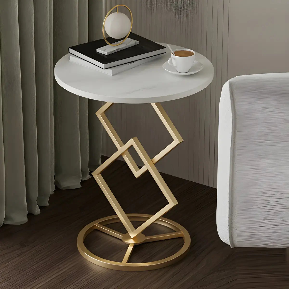 Geometric Marble Black Steel Pedestal Side Table