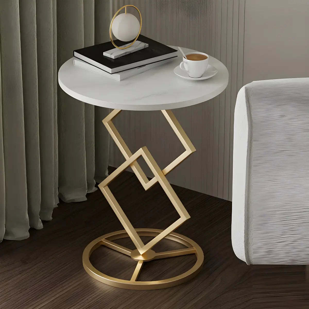 Geometric Marble Black Steel Pedestal Side Table