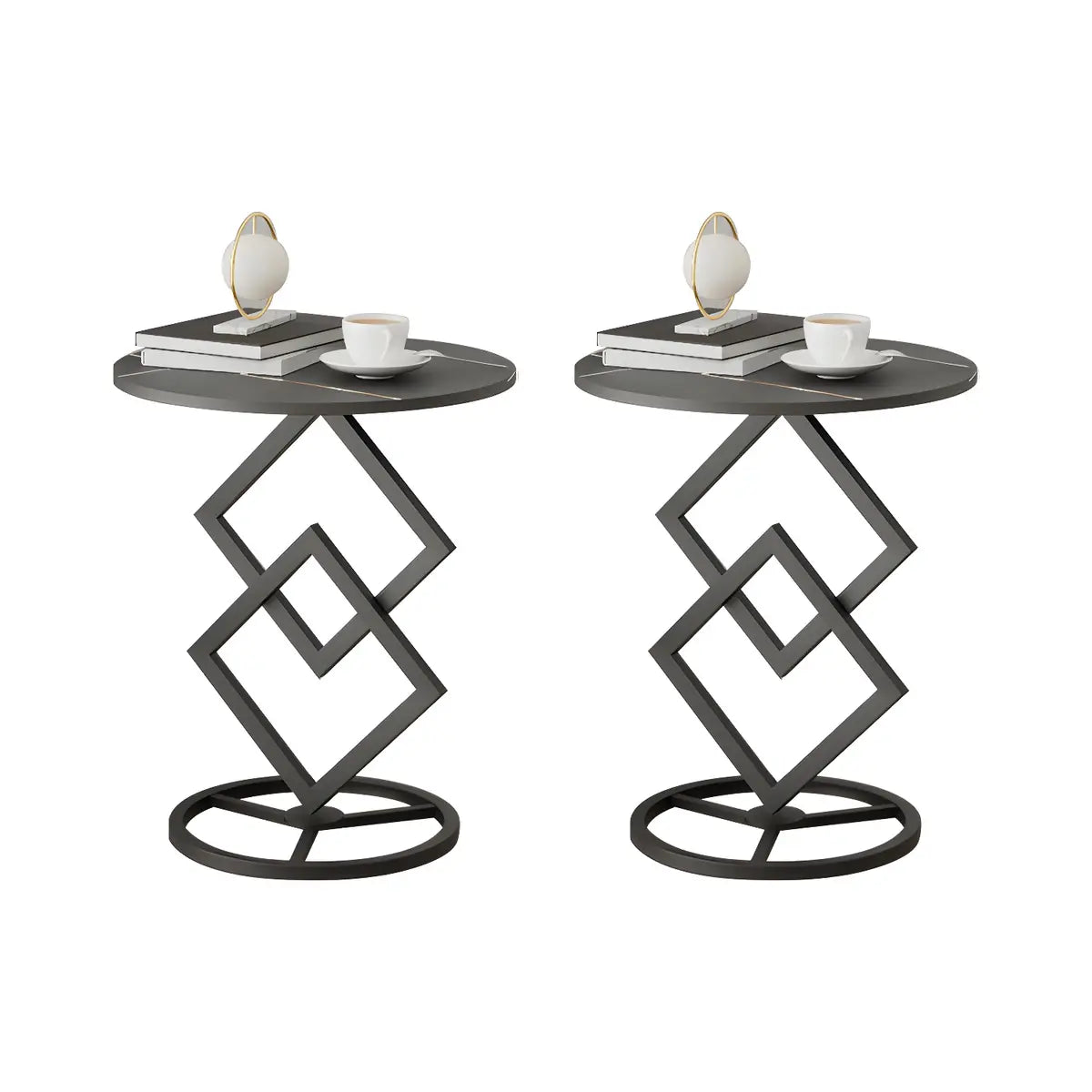 Geometric Marble Black Steel Pedestal Side Table