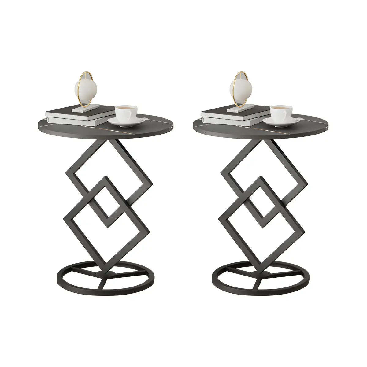 Geometric Marble Black Steel Pedestal Side Table