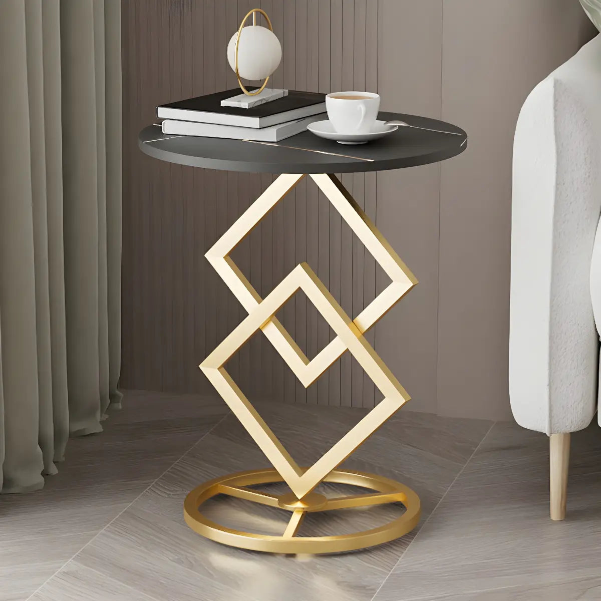 Geometric Marble Black Steel Pedestal Side Table — Black-Black / 1