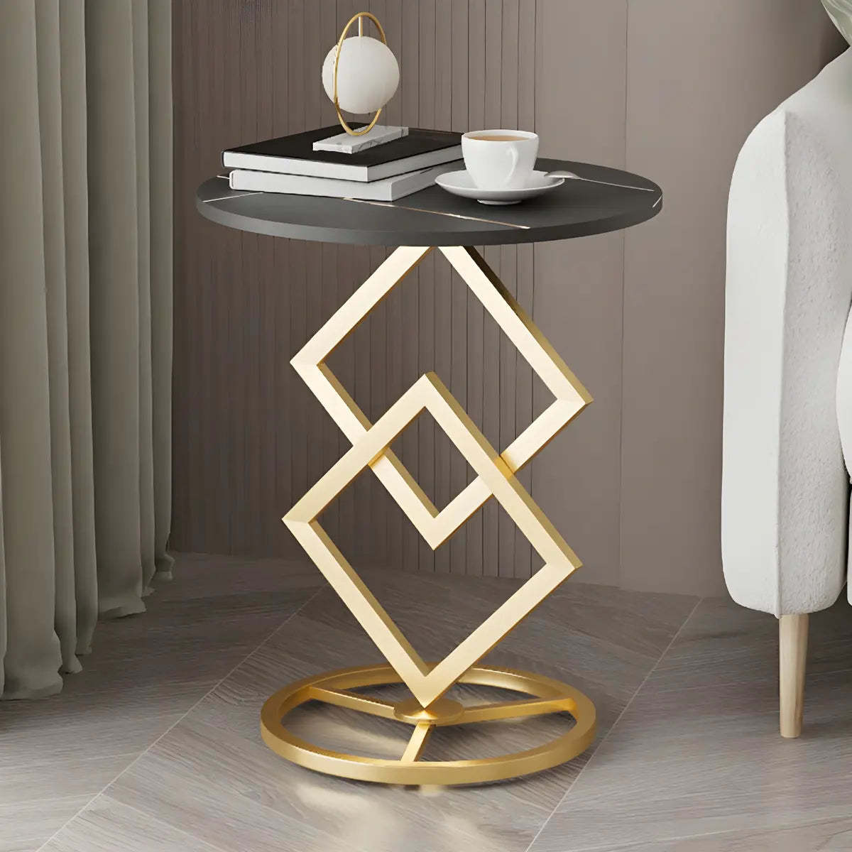 Geometric Marble Black Steel Pedestal Side Table — Black-Black / 1