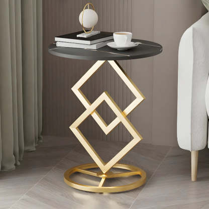 Geometric Marble Black Steel Pedestal Side Table — Black-Black / 1